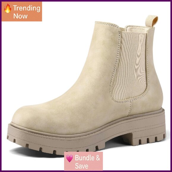 Women's Chelsea Boots Low Heel Slip On Lug Sole Elastic Ankle Booties